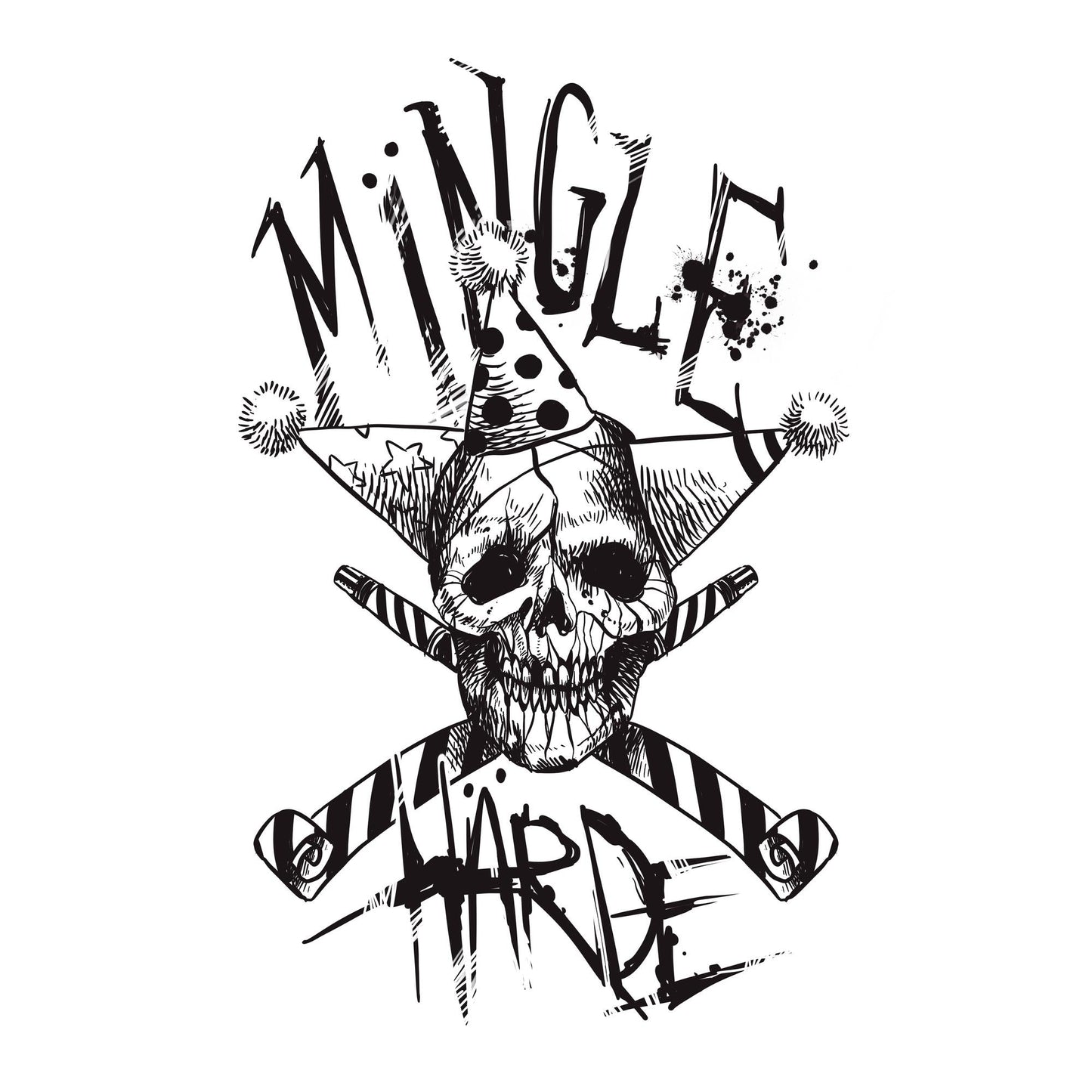 Black and white sketch of a skull with party hats and crossed bones.