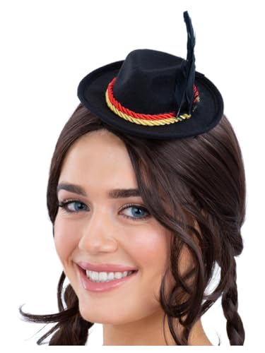 Small black Bavarian hat with feather and gold-red trim.