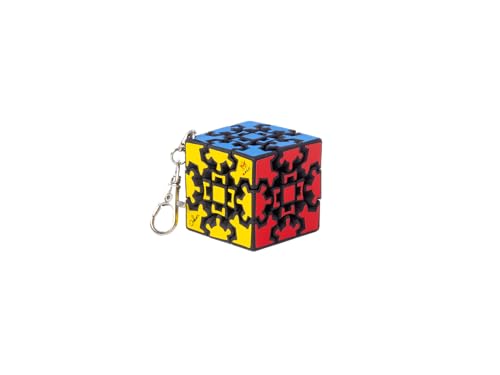 Small, colorful gear cube puzzle with a key ring attached.