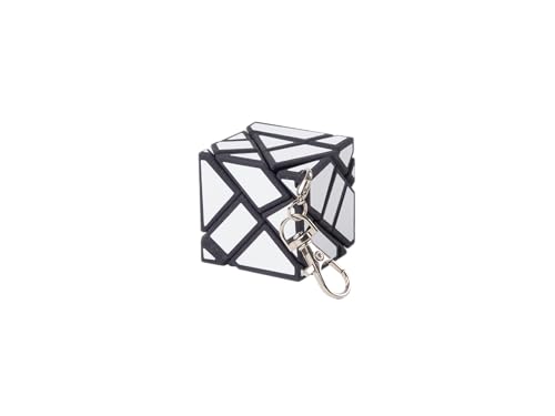 Small, distorted cube puzzle with a key ring attached, black and white.