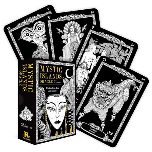 Black and white oracle deck box and cards featuring intricate Javanese-inspired mystical illustrations.