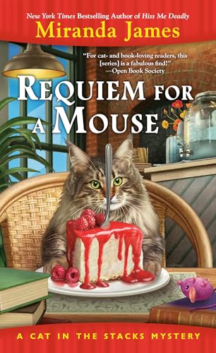 Book cover: cat with cake and knife, red title “Requiem for a Mouse”.