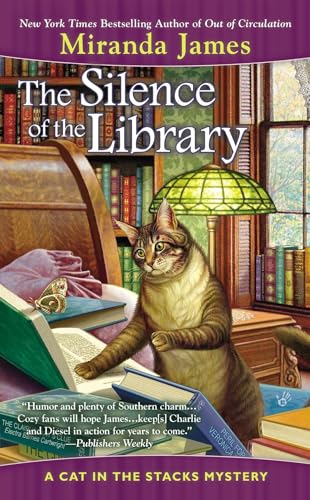 Book cover featuring a brown tabby cat standing by open books in a library.