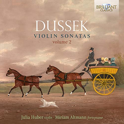 CD cover: painting of a horse-drawn carriage with figures, “Dussek Violin Sonatas.”