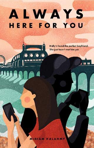 Book cover with illustrated couple looking at phones, cityscape background.