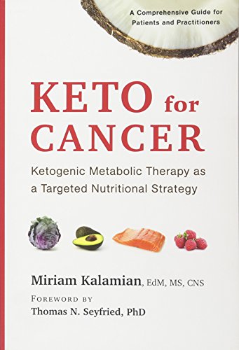 Book cover titled Keto for Cancer featuring a coconut slice and various food items.