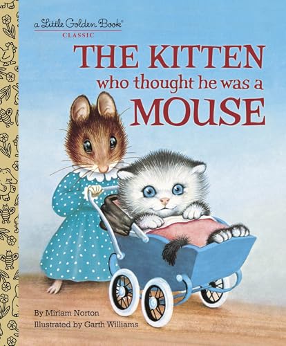 A mouse pushes a kitten in a blue baby carriage.