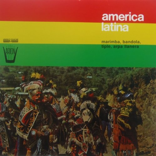 Vinyl record cover: "America Latina" with colorful stripes and masked dancers.