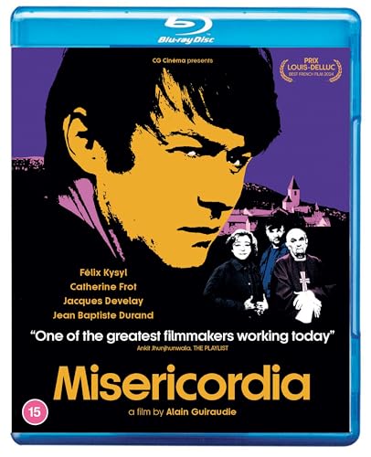 Blu-ray cover for Misericordia featuring a stylized yellow portrait and three smaller figures.
