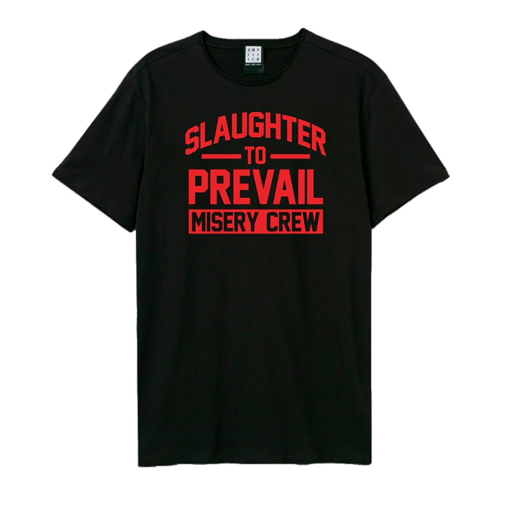 Black t-shirt with red and white "Slaughter to Prevail Misery Crew" text.