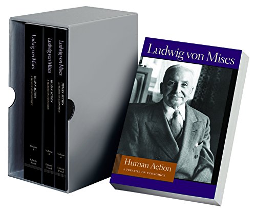Four volume book set “Human Action” by Ludwig von Mises with portrait.