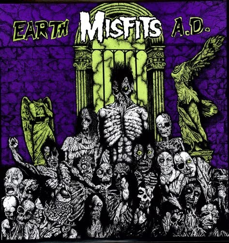 Album cover with Misfits Earth A.D. text, featuring a graveyard scene with many skeletons.