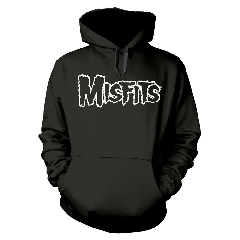 Black hooded sweatshirt with white "MISFITS" skull logo graphic.