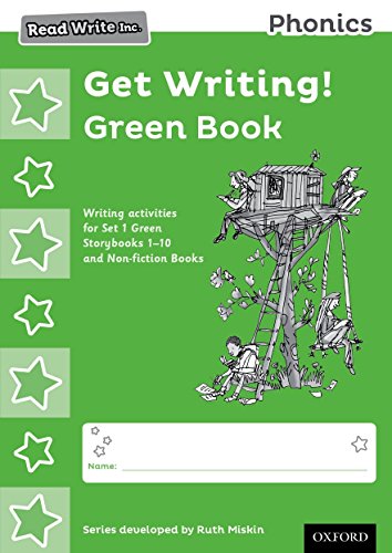 Green "Get Writing!" phonics workbook with children drawing in a treehouse.