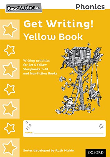 Yellow "Get Writing!" phonics workbook with children playing outdoors.