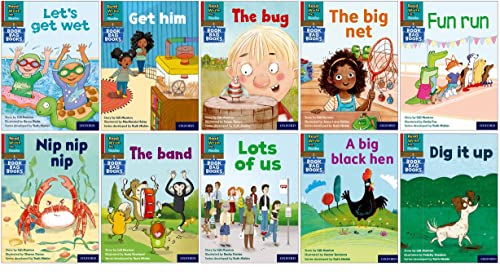 Ten colorful early reader books with illustrated covers for children.