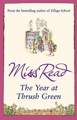 Book cover: "The Year at Thrush Green" with a watercolor village scene.