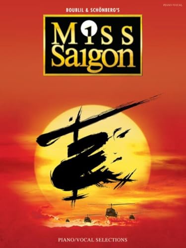 “Miss Saigon” sheet music cover with a helicopter silhouette and sunset.