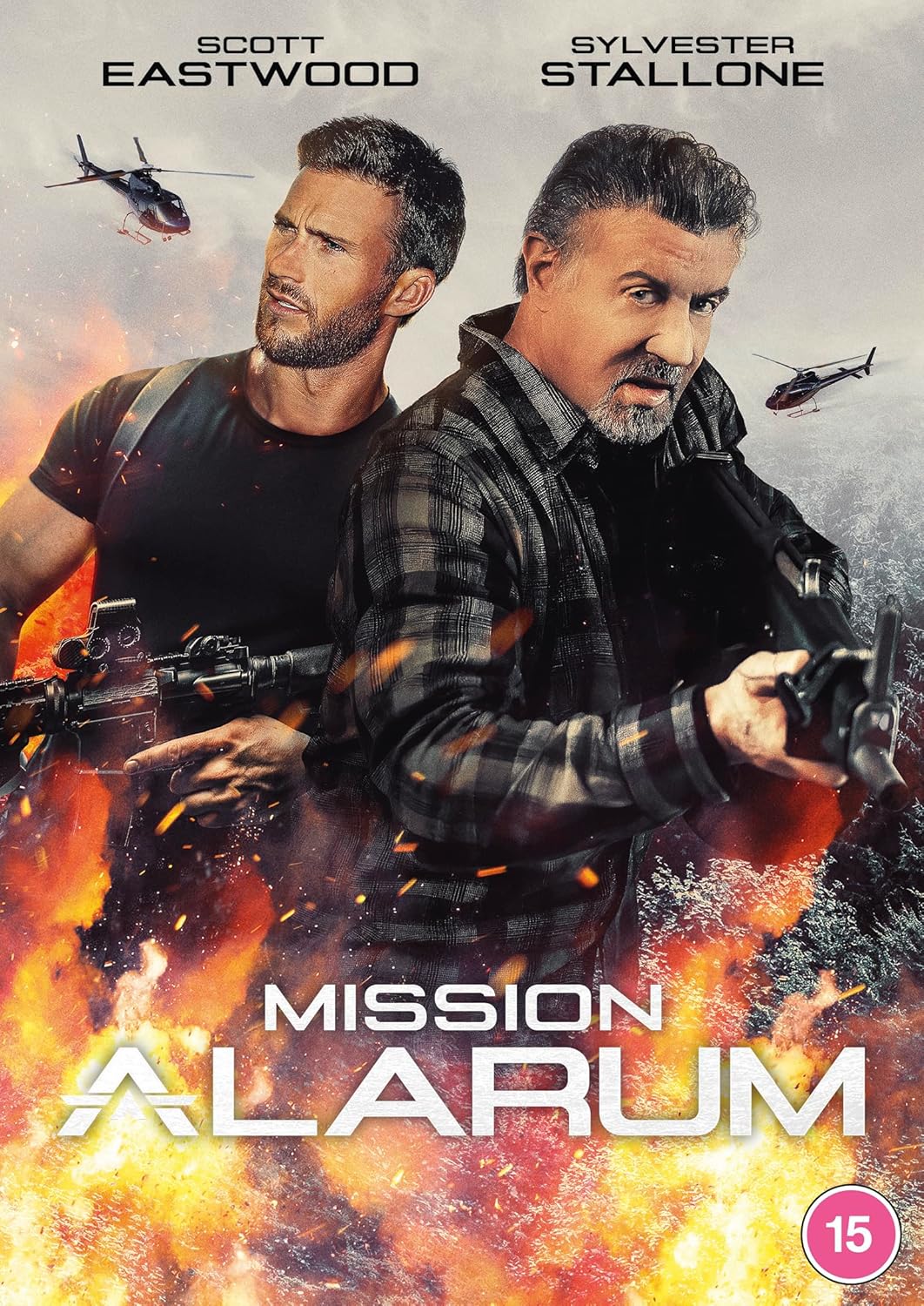 DVD cover for Mission Alarum featuring two men with guns amidst fire and helicopters.