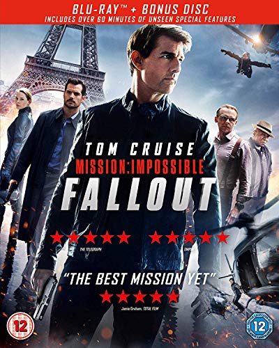 Blu-ray cover for "Mission: Impossible - Fallout" featuring Tom Cruise and cast.