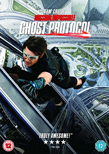 Tom Cruise climbing the exterior of a skyscraper in Mission Impossible Ghost Protocol DVD art.