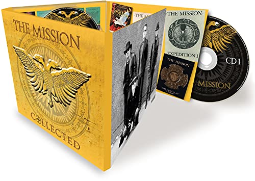 Yellow 3CD case for The Mission, featuring band imagery and a golden eagle.