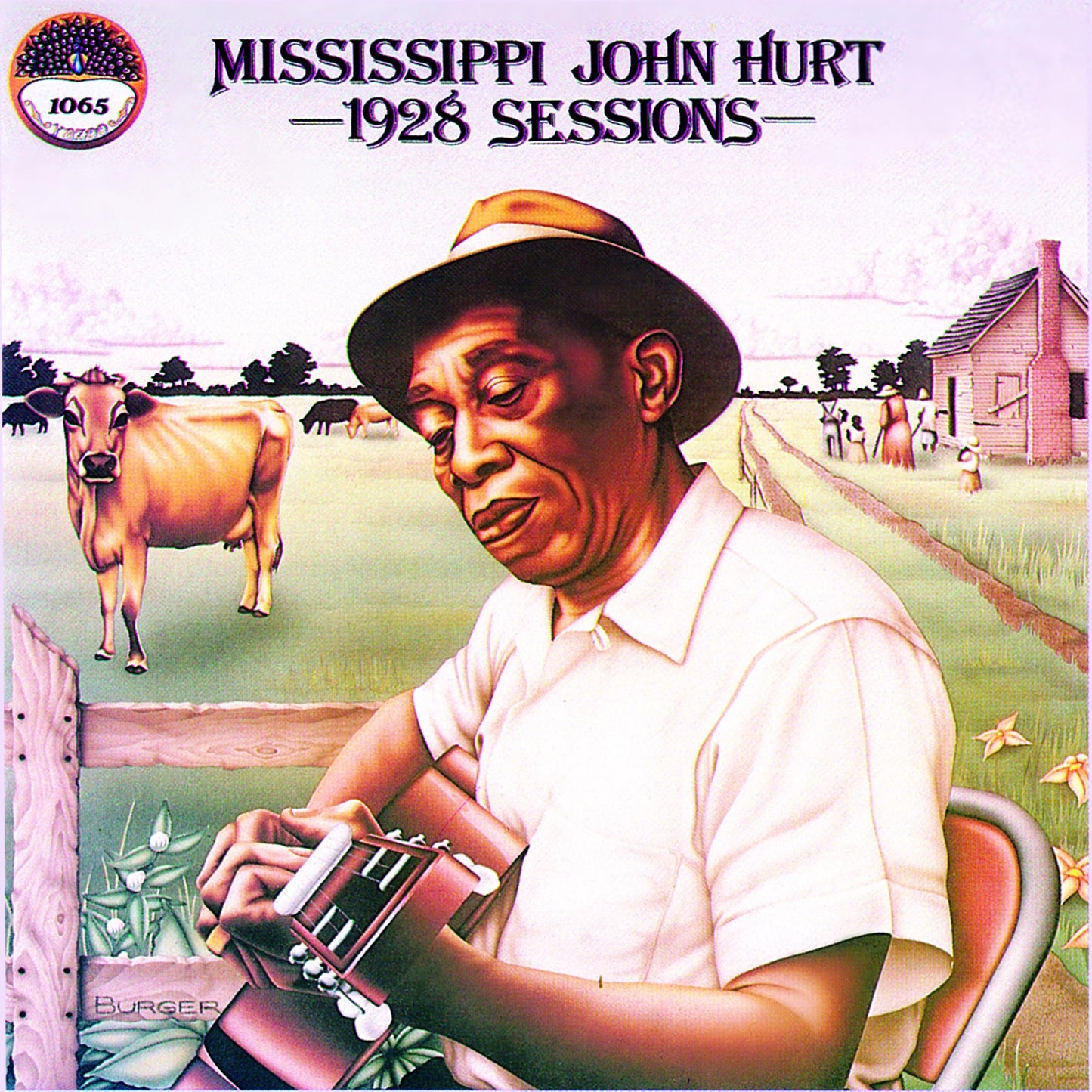 Album cover: Mississippi John Hurt playing guitar in a rural landscape.