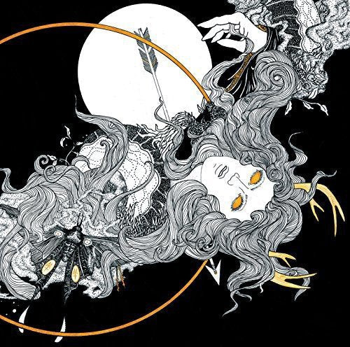 Black and white illustration of a figure with flowing hair, antlers, and glowing eyes.