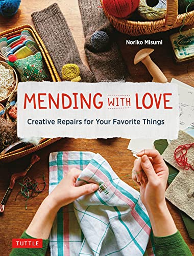 Book cover showing hands mending fabric with yarn and sewing tools.