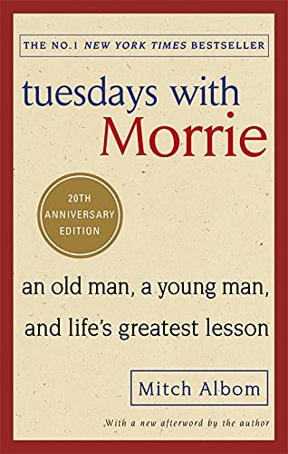Book cover for "Tuesdays with Morrie" with beige background and dark text.