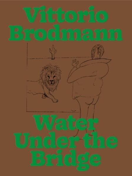 Book cover with green text, a lion, and a sketched figure by water.