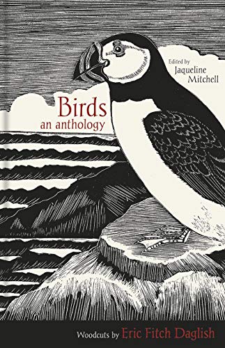 Black and white illustration of a puffin on a rocky shore, book cover.