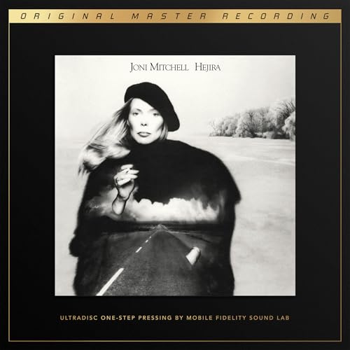 Joni Mitchell’s “Hejira” album cover: a black and white portrait with road imagery.