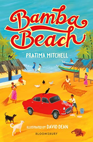 Book cover: "Bamba Beach" with beach scene and red car illustration.