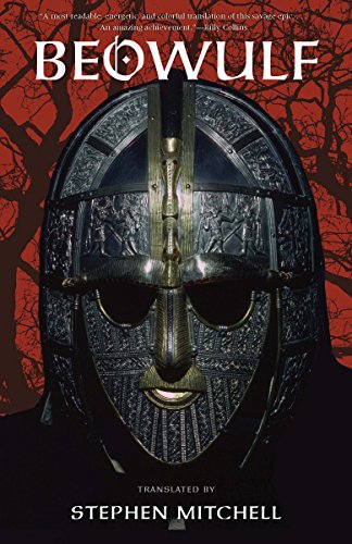 Book cover of "Beowulf" featuring an ornate, dark metal helmet.