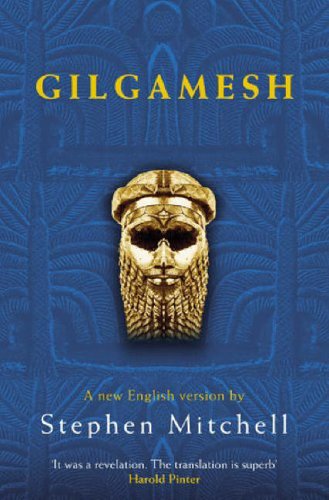 Book cover titled Gilgamesh featuring a golden Mesopotamian head against a blue patterned background.