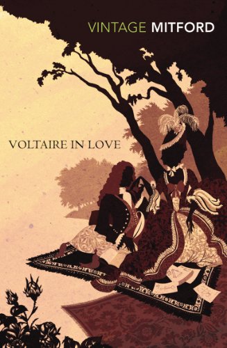 Book cover with Voltaire and a woman, 18th-century French setting, elegant typography.