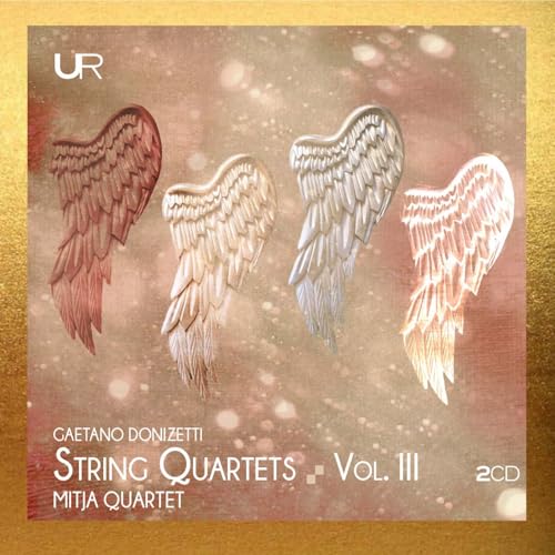 CD cover with four stylized angel wings against a speckled background.