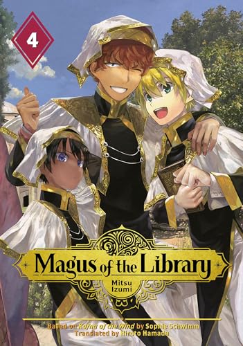 Manga cover: three young men in ornate robes, library background.