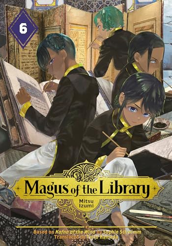 Manga cover: three young people with colorful hair study in a library.