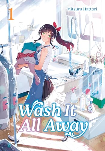 Anime-style girl in an apron holding laundry in a bright, sunlit room.