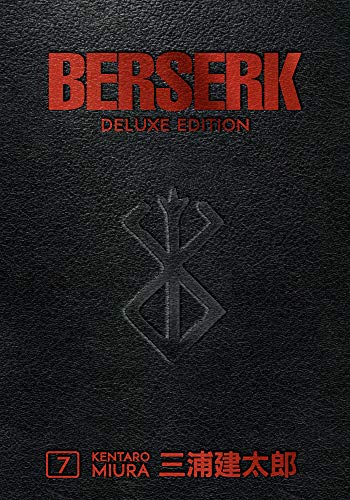 Black leather-textured cover of Berserk Deluxe Volume 7 with red text and embossed symbol.