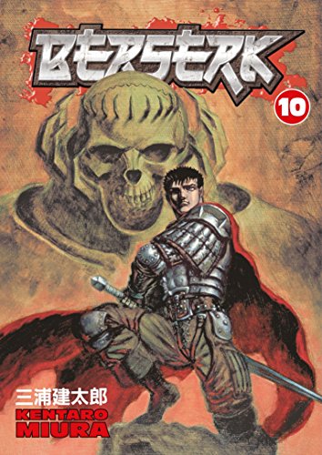 Guts in armor stands before a large skull-like figure on the Berserk volume 10 cover.