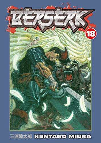 Guts fights a beast with a large sword on the cover of Berserk Volume 18.