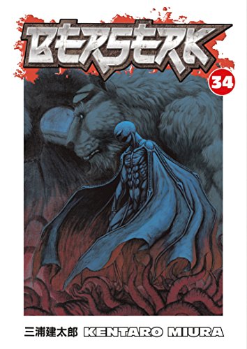 Berserk Volume 34 manga cover featuring Griffith in armor before a large beast.