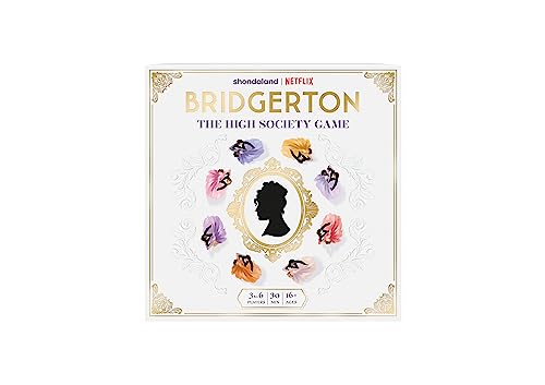 Bridgerton card game box with floral accents and a silhouette portrait.