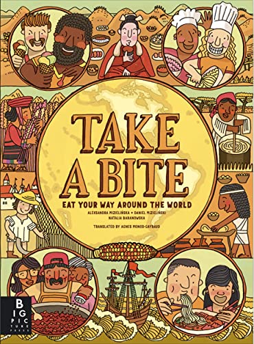 Book cover illustration featuring diverse people eating global foods around a central world map.