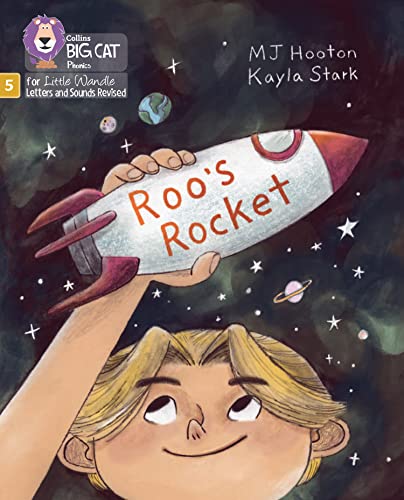 Book cover: a child looks up at a red and white rocket in space.