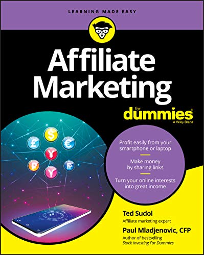 Book cover for "Affiliate Marketing For Dummies" with money and phone graphics.