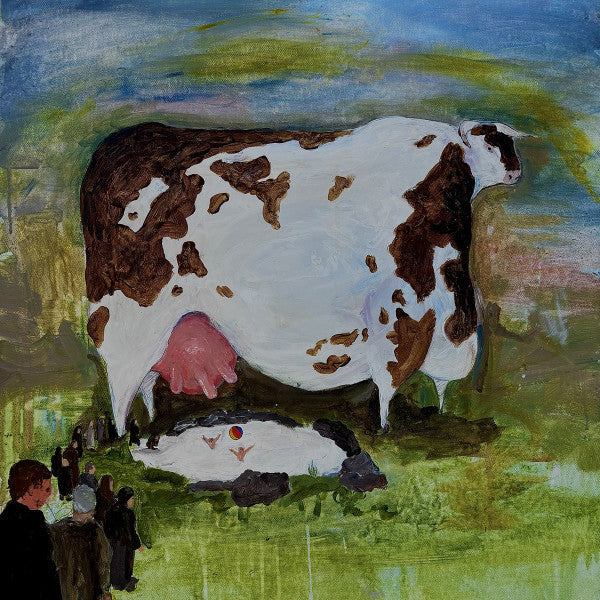 Painting of a large brown and white cow standing in a green field.